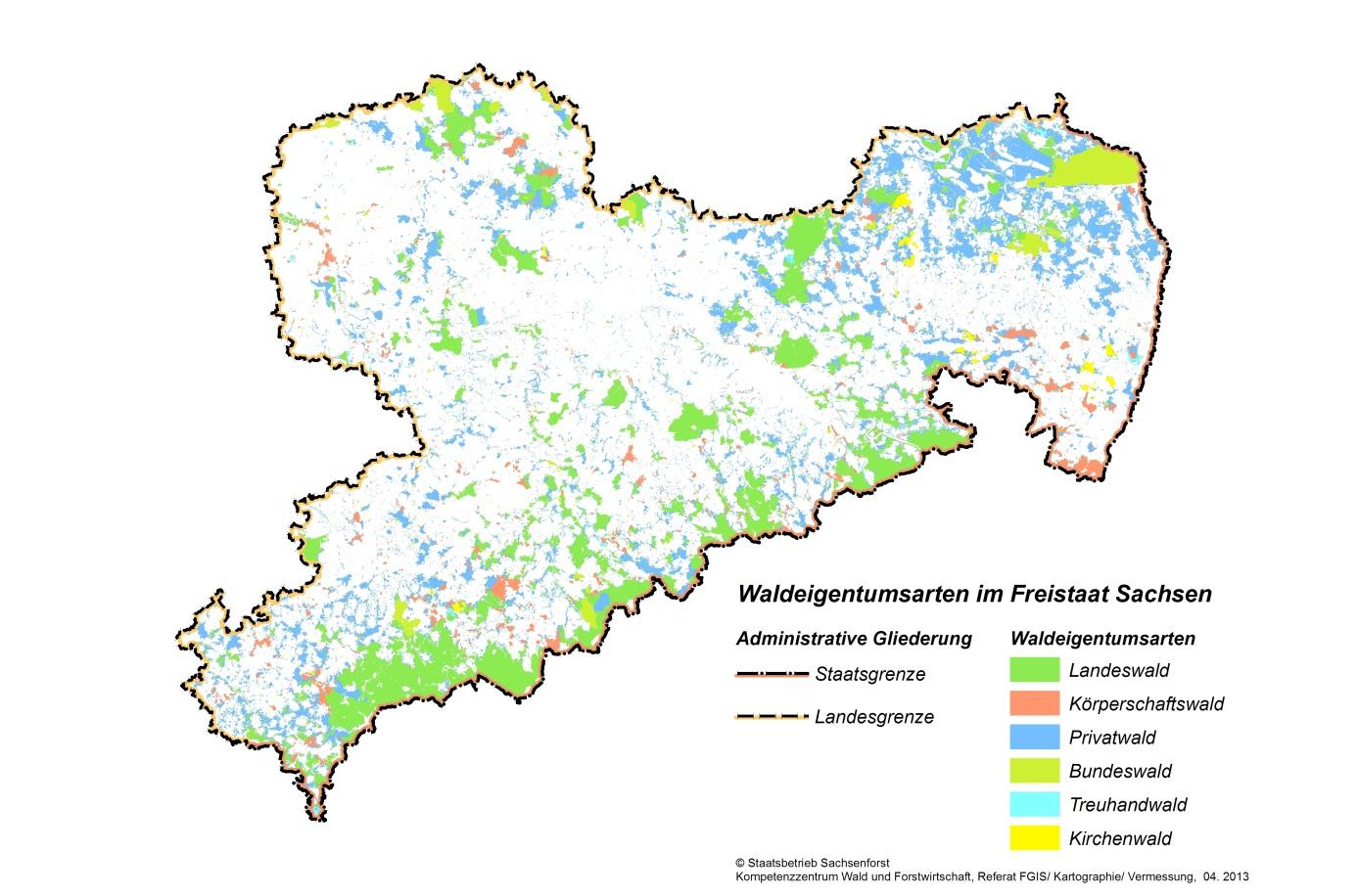 Powierzchnia lasu i struktura własnościowa lasów w Saksonii w roku 2013. Źródło: Saksońskie Lasy Państwowe.